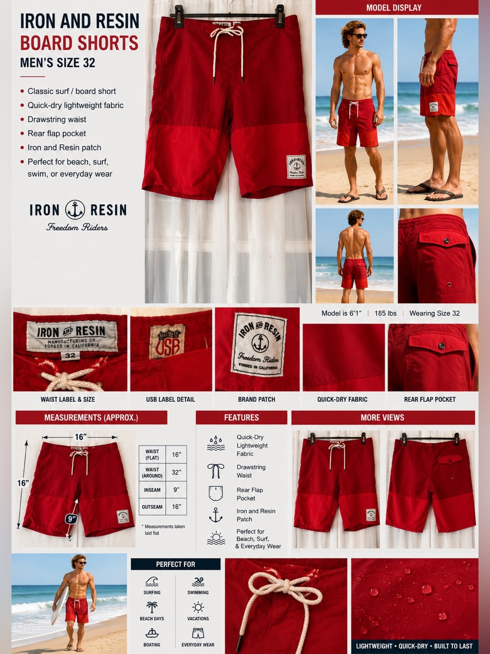 Iron and Resin Red Board Shorts Size 32 Swim Trunks Surf Beach Drawstring